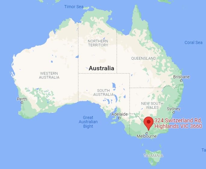 Map of Australia showing the location of Highlands, Victoria